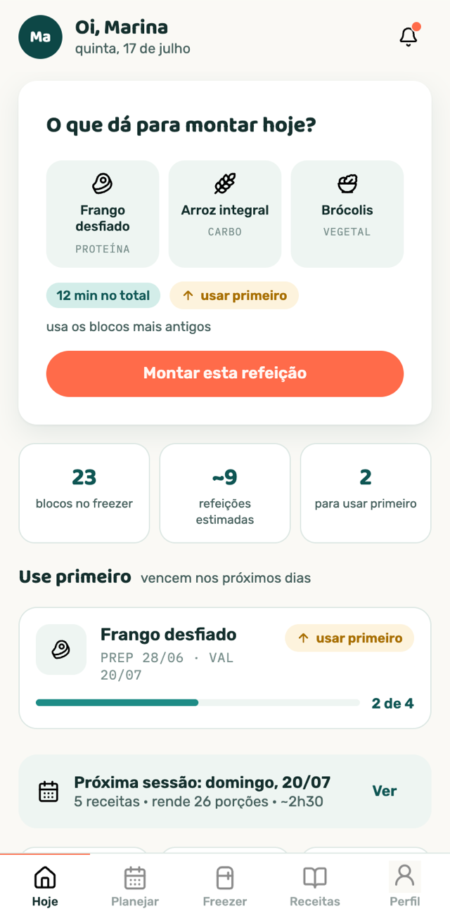 Tela Hoje do app: o que dá para montar hoje