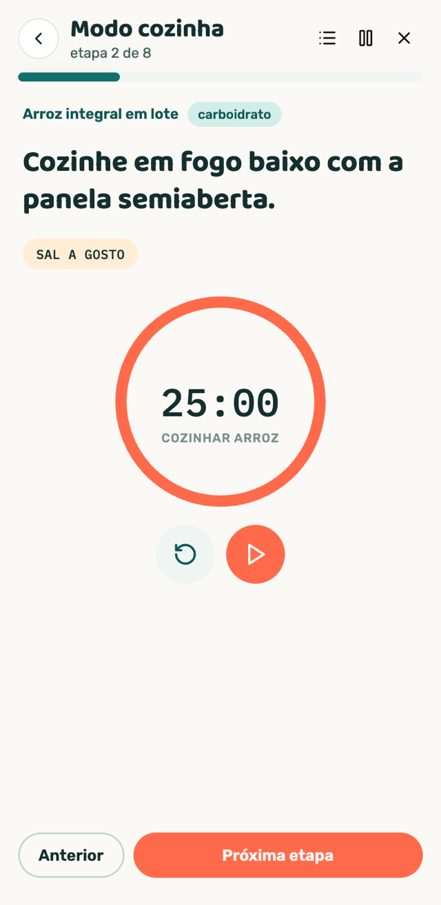 Modo cozinha: etapa com timer de 25 minutos